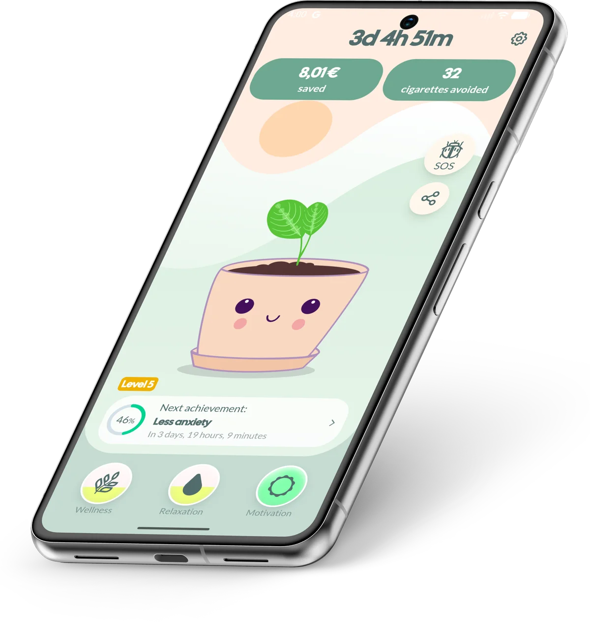 Aplicación móvil Quitchi mostrando tu planta y tu progreso al dejar de fumar