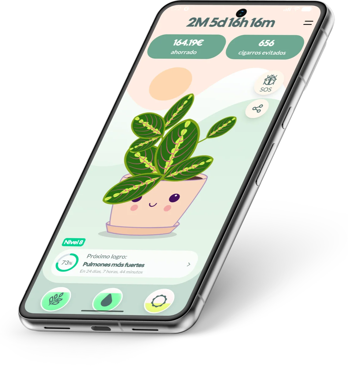 Aplicación móvil Quitchi mostrando tu planta y tu progreso al dejar de fumar