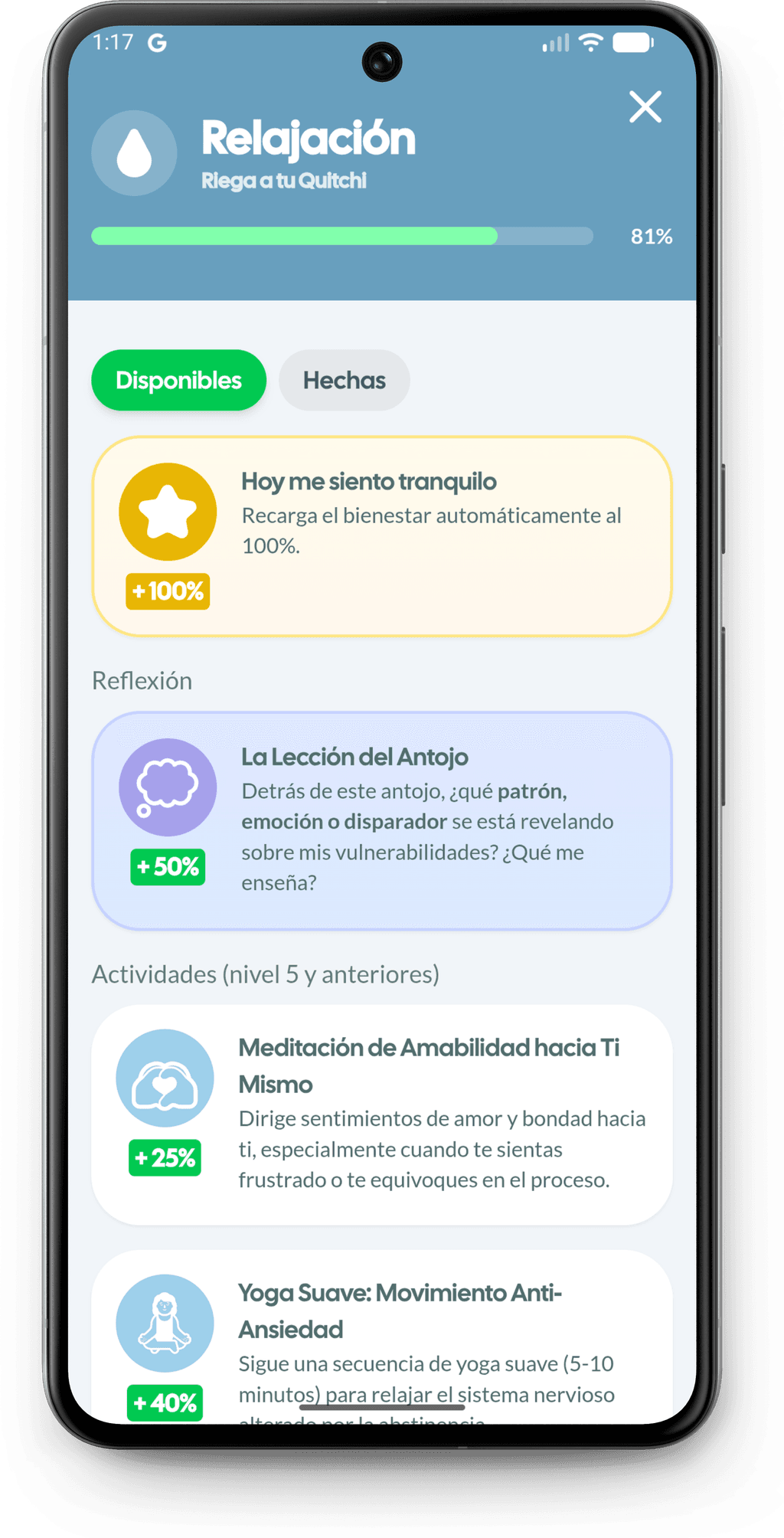 Mockup de Quitchi mostrando el progreso de la salud